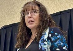 LeeAnn Peters of Maple Leaf Foods speaks at the 2024 Swine Seminar in Winnipeg.