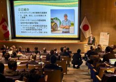 Winston Van Staveren, a Saskatchewan soybean grower, presents during the Soy Canada seminar in Tokyo during a recent trade mission to the Indo-Pacific.