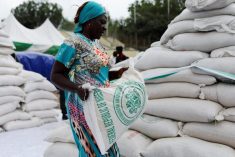 FILE PHOTO. A woman receives a bag of food from the government during the distribution of food items by the government to cushion the high cost of living in Abuja, Nigeria, September 20, 2022. REUTERS/Afolabi Sotunde
