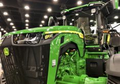 A John Deere 8RX tractor on the show floor of the National Farm Machinery Show in Louisville, Kentucky, Feb. 14, 2024.