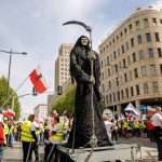Protesters lead a model of reaper as Solidarity organisation and Polish farmers protest with Polish  and Solidarity flags and anti Green Deal banners in front of European Parlament building in the centre of Warsaw, the capital of Poland on May 10, 2024. The protest in Poland is part of the European farmers’ protest against the EU’s Green Deal regulations. Polish farmers also demand a change to the EU agreement with Ukraine regarding the import of agricultural produce to the EU. The protest gathered over 100 thousand people. (Photo by Dominika Zarzycka/Sipa USA)
