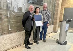 Martin Scanlon, dean of the faculty of agriculture and food science, Delaney Ross Burtnack, professor emeritus Don Flaten on May 29, 2024.