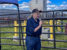Dr. Cheryl Waldner presents current feedlot health and nutrition research during the Livestock and Forage Centre of Excellence Field Day southeast of Saskatoon, Sask. Waldner is the Beef Cattle Research Council Industrial Research Chair in One Health and Production Limiting Diseases at the University of Saskatchewan&#8217;s Western College of Veterinary Medicine. Photo: Melissa Jeffers-Bezan 
