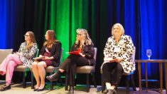 Panel discussion on the workforce needs in Manitoba at the 4th Annual Sustainable Protein Research Symposium in Winnipeg on June 19. Left to right: Andrea Ladouceur, Bioscience Association of Manitoba; Stacey Dunn, Robic; Kelley Main, University of Manitoba; Christine Watson, Red River College Polytechnic.