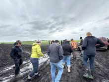 Attendees of the MOA, Young Agrarians vegetable cover cropping farm tour trudge through the mud at Wild Earth Farms near Oakbank.