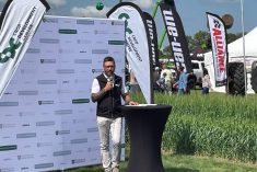 Dr. Curtis Pozniak, head of the Crop Development Centre, announces the EY report&#8217;s findings on July 16 at the University of Saskatchewan&#8217;s site at Ag in Motion.
