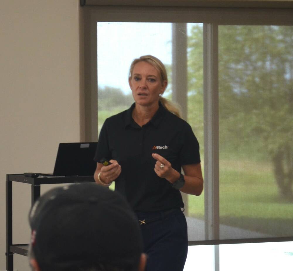 Laurentia van Rensburg speaks on the importance of mineral supplementation in cattle at the Manitoba Beef & Forages Initiative's Brookdale farm on July 16.