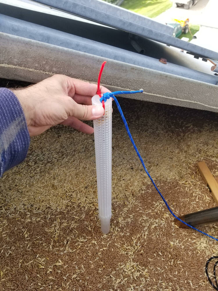 Grain prober trap being placed in grain bin.