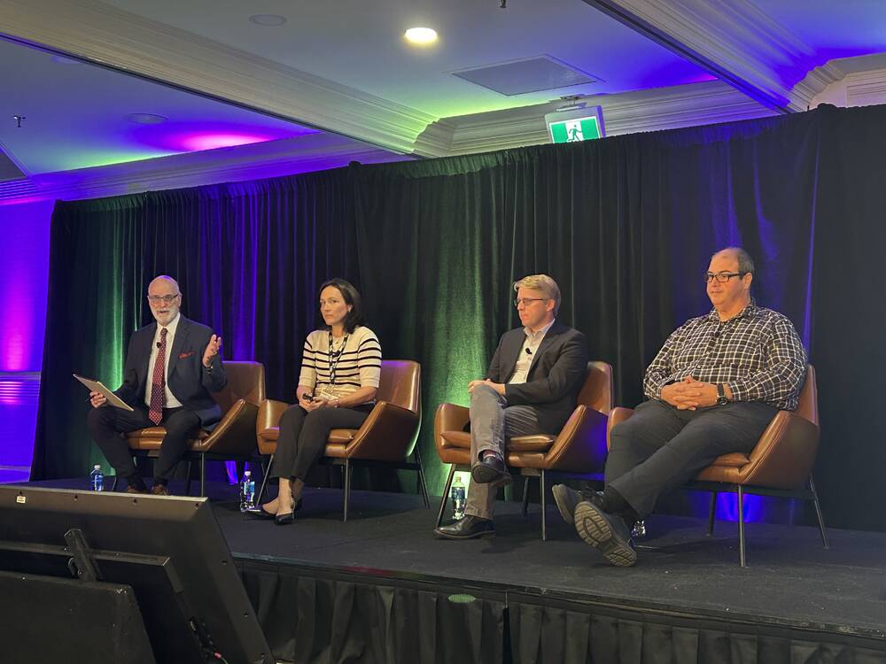 Panel 1 at Protein Industries of Canada Conference 2024, including (L to R) Heidi Dutton, Tyler McCann, and Murad Al-Katib. 