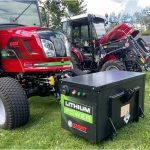 This extra battery can be carried on the front linkage of the Knegt tractors for a three-hour boost in working time.