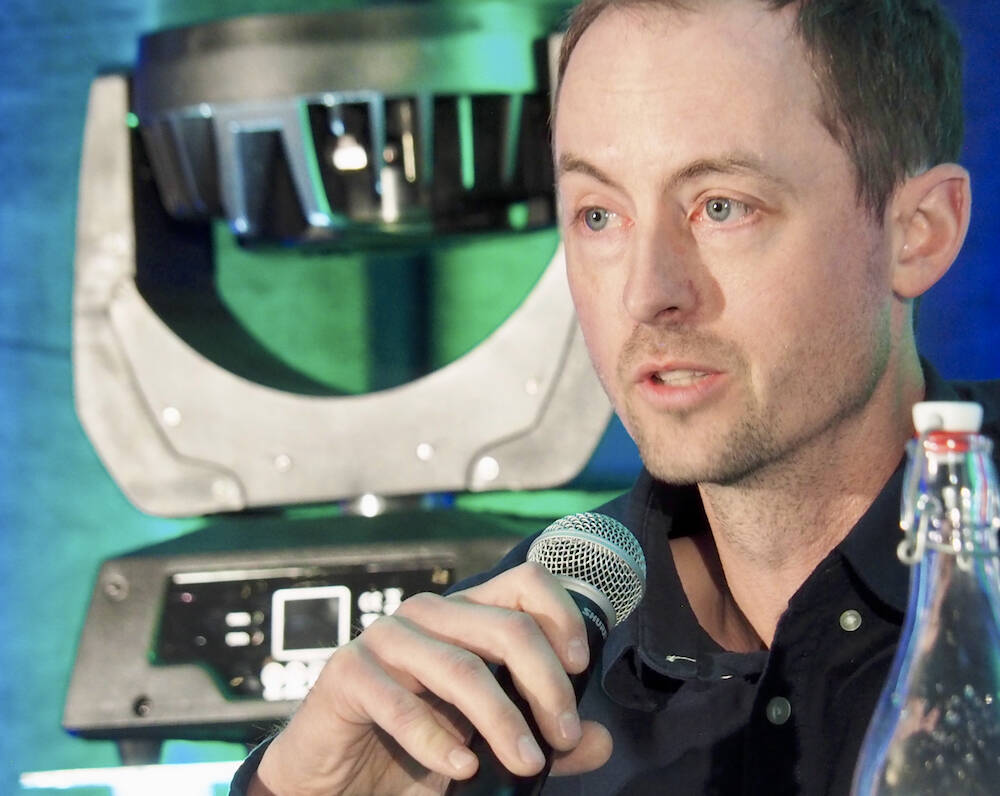 Russell Jonk of Swansfleet Alliance speaks at the 2023 regenerative agriculture conference in Brandon, Man. 