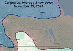 This map shows parts of the Prairies with snow cover (blue line and area with light blue shading) as of Nov. 13, and the average for the same time of the year (red line and light red shading). Most of the Prairies would normally have snow cover, but this year only the far northern Prairies have snow.