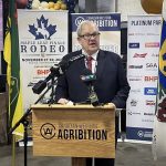 Federal Agriculture Minister Lawrence MacAulay speaks to media at Canadian Western Agribition on Nov. 25, 2025. PHOTO: KAREN BRIERE
