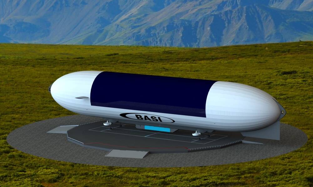A rendering of an airship using the the Buoyant Aircraft Rotating Depot system, a rotating, modular platform that would be used for for loading, refuelling and other ground operations. 
