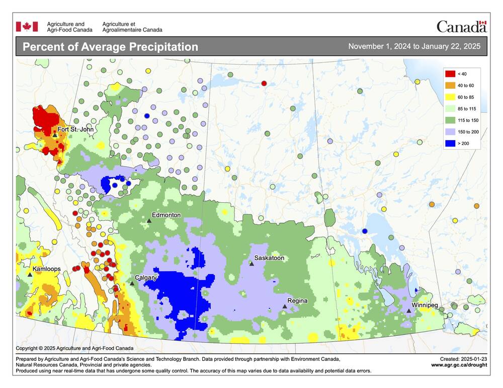 This map shows the total amount of precipitation that has fallen across the Prairies so far this winter (November 1 to January 22). You can see that most of the regions has reported near- to above-average amounts. The wettest regions are found in southeastern and east central Alberta along with parts of the Peace River regions. The dry spots are scattered along the U.S. border in Saskatchewan and into parts of western Manitoba.