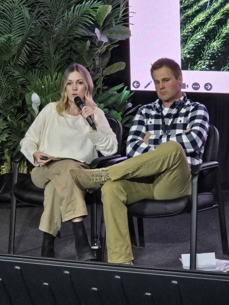 Lindsey and Chris Raupers tell the story of how their business, Engrained Flour Co., got started, at Manitoba Ag Days 2025 in Brandon on Jan. 22. 