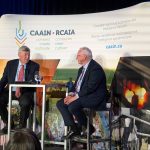 Kim McConnell speaks with John Weekes at an event hosted by CAAIN at the Westin hotel, Ottawa, Feb. 11. Photo: Jonah Grignon

