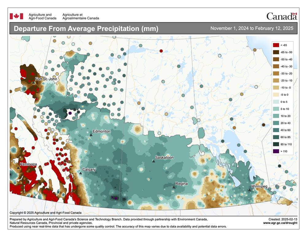 While local areas may feel short of snow, the vast majority of the Prairies has seen above average precipitation so far this winter. Part of the reason for this disconnect is that some of early winter precipitation came as rain, and several warm spells brought melting that greatly reduced and compacted the snow pack.