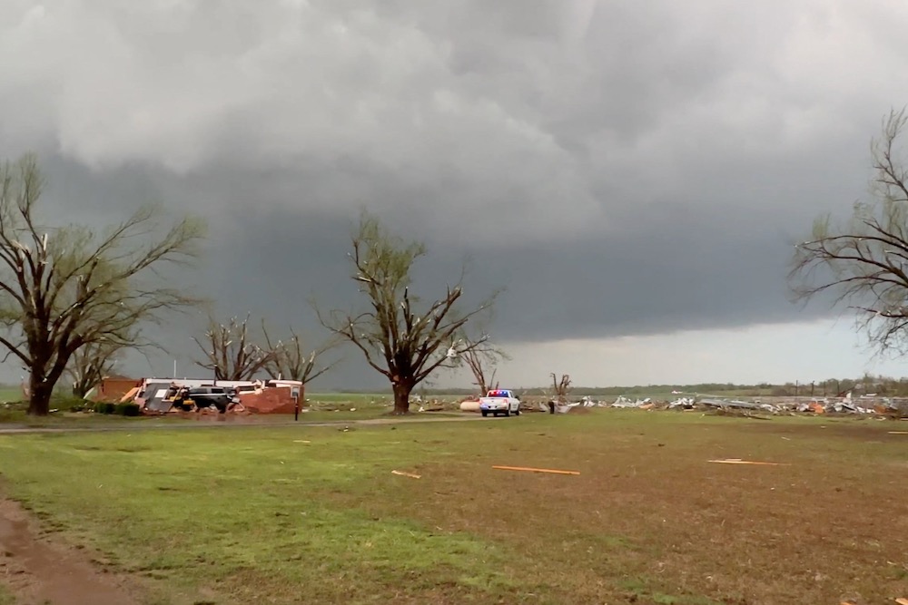 Damage is seen from a rain-wrapped tornado at Cole, Okla., just south of Oklahoma City, on April 19, 2023, in a screengrab from a social media video. (Photo: Hans Duran video screengrab via Reuters)
