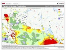 This map shows the total amount of precipitation that fell across the Prairies over the 30 day period ending on February 26th. With the exception of southern Manitoba , southeastern Saskatchewan, and far southwestern Alberta, most of the region saw near- to above-average precipitation.