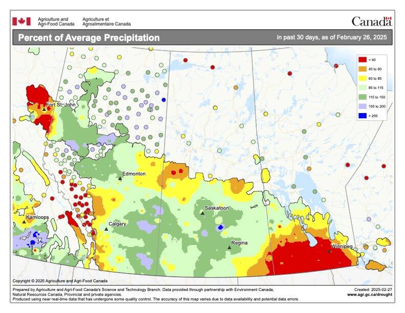 This map shows the total amount of precipitation that fell across the Prairies over the 30 day period ending on February 26th. With the exception of southern Manitoba , southeastern Saskatchewan, and far southwestern Alberta, most of the region saw near- to above-average precipitation.