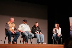 (Left to right) Panelists Duane Thompson, Ross Walburger and Brooke Walburger, and moderator Kelly Sidoryk, talk farm succession at the Holistic Management Conference in Assiniboia, Sask., in February 2025.