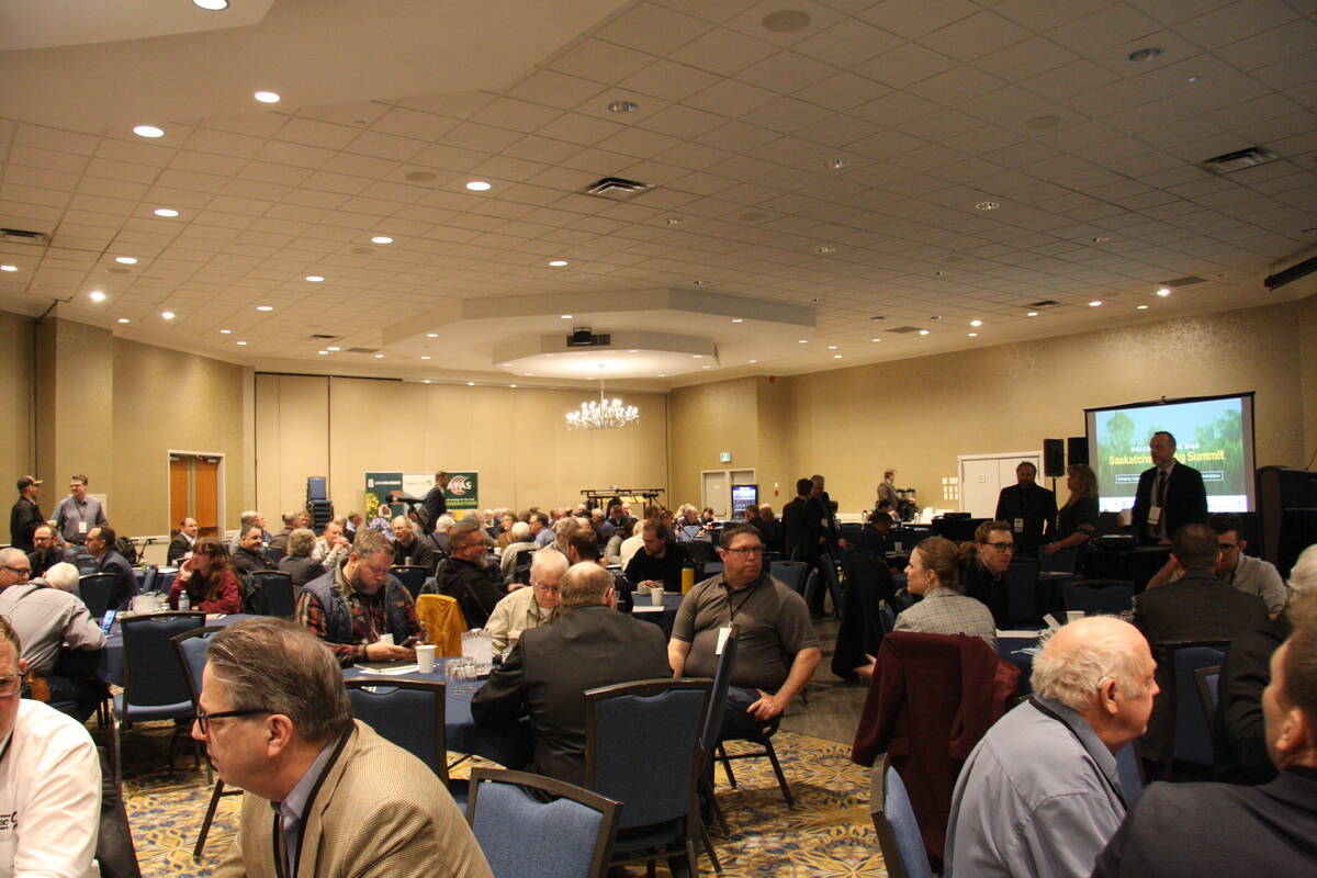 The crowd filled the ballroom at the Saskatoon Inn for the Saskatchewan Ag Summit 2025, to discus agricultural trade uncertainty and tariffs. 