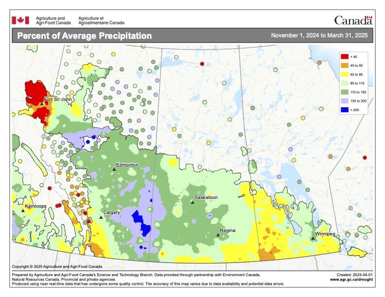 As winter has officially ended, this week’s weather graphic shows the total amount of precipitation that fell across the Prairies this past winter (November 1 to March 31). It was wet across a good portion of Alberta, with amounts ranging from 100 per cent of average to a few area seeing over 200 per cent. Manitoba was the driest region with most areas reporting less than 100 per cent of average winter precipitation.