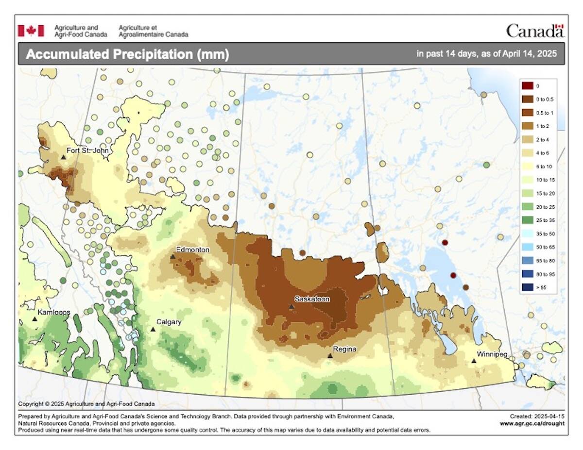 April has started off dry across the northern parts of the agricultural prairies with the driest weather occurring over central Saskatchewan. Parts of southern Alberta and extreme southern Saskatchewan have seen the most precipitation with some regions reporting between 25 and 50 mm of precipitation. Graphic: Agriculture and Agri-Food Canada