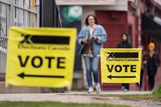 April 28, 2025, Halifax, Ns, Canada: Elections Canada signage is seen as voters arrive at a polling station on Election Day in Halifax on Monday, April 28, 2025.