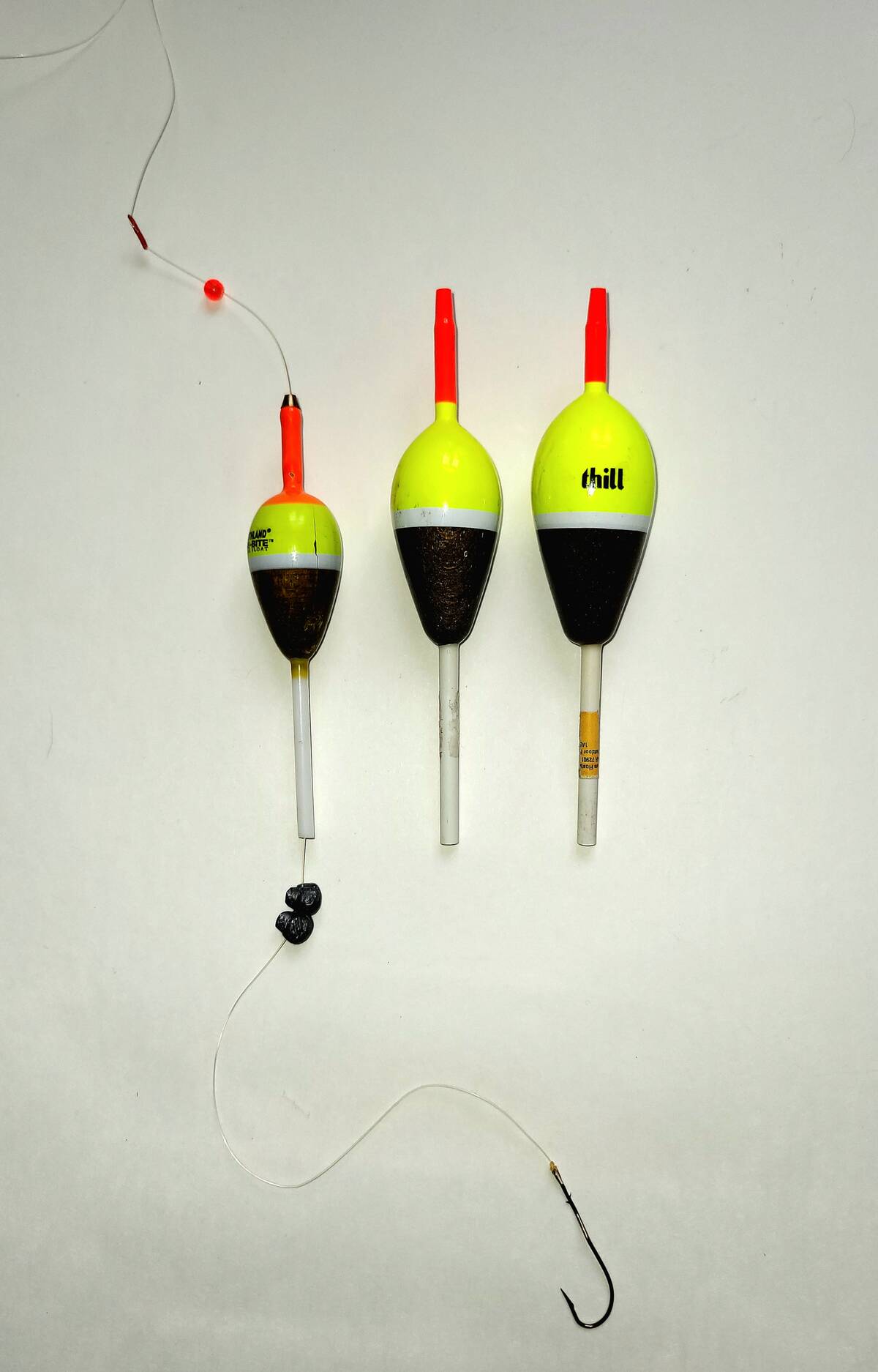 A basic slip bobber rig: the bobber stop is at the top, while split shot and a single hook complete the setup below the bobber. Different sizes of bobber can be used depending on the situation. Photo: Tim Sopuck