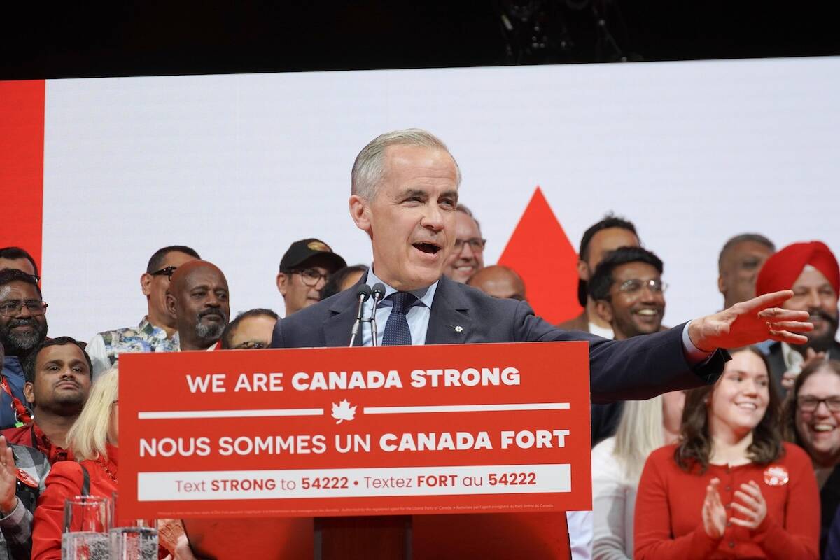 Canadian Prime Minister Mark Carney speaks in the small hours of April 29, 2025, in Ottawa after his Liberal Party won the general election the previous day.