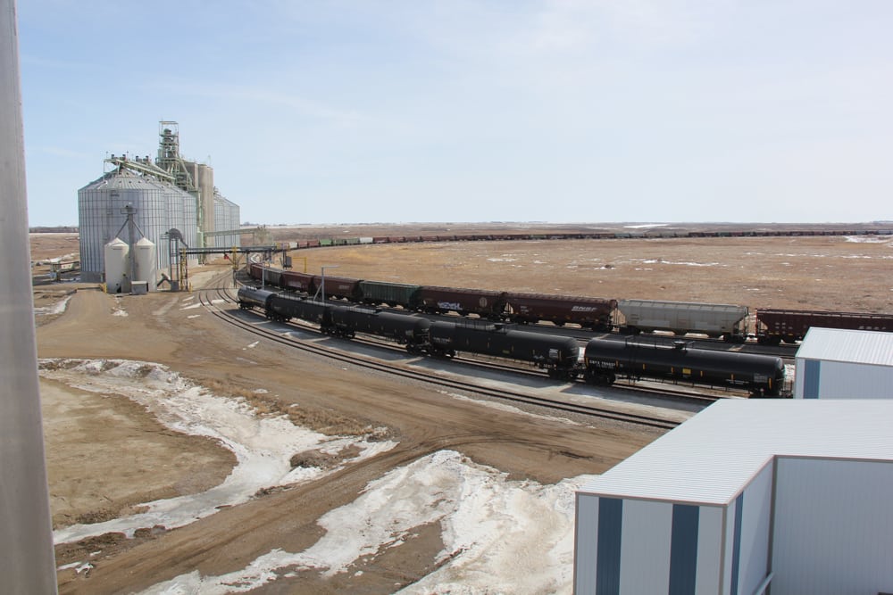 A view of Ceres Global Ag’s Northgate, Sask. facility as seen from its fertilizer shed in 2018. (Grainews photo by Lisa Guenther)
