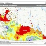 This issue’s map shows the total amount of precipitation that fell in the 30 day period ending on May 28, compared to average. Looking at the map you can see that it was a very dry month across eastern and central Manitoba, much of central Saskatchewan along with the Peace River regions of Alberta. The only wet areas were in southwestern Manitoba and southeastern Saskatchewan along with west-central Alberta.
