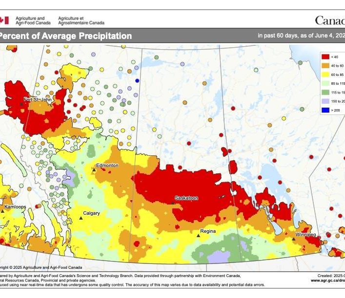 This week&rsquo;s map from Agriculture and Agri-Food Canada shows the total amount of precipitation that has fallen across the prairies over the 60 day period ending on June 4. From the map you can see that the region stretching from southeastern Manitoba northwestward into northern Alberta has been extremely dry. Unsurprisingly, these are the regions experiencing the majority of the forest fires.