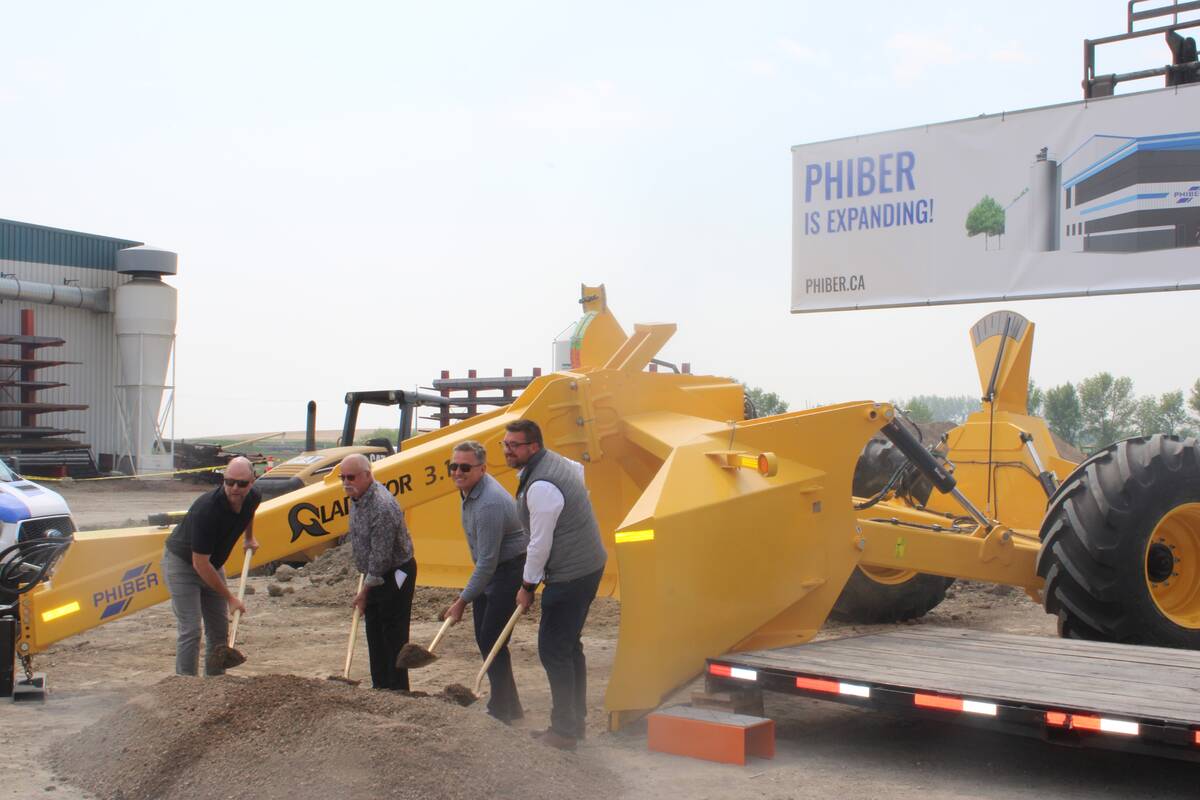 PhiBer staff, Crystal City community members and officials marked the official sod turning ceremony for a new 60,000 square foot production facility June 5. Left to right: Ed Penner, president of Ed Penner Construction, Bill McKitrick, councillor for the RM of Louise, MLA Doyle Piwniuk and Derek Friesen, chief executive officer and owner of PhiBer Manufacturing.