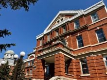 The historic facade of what is planned to be the Prairie Innovation Centre for Sustainable Agriculture at Assiniboine College in Brandon, Man., May 27, 2025. Both the centre and the new digital skills course are part of the college’s efforts to expand agriculture programming.