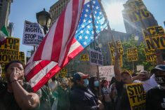 Protesters in New York City on June 10, 2025. Protests have erupted across the U.S. in response to ICE raids and deportations. Photo: Bryan Smith/ZUMA Press Wire
