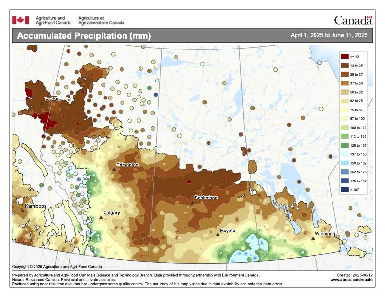 This week’s map shows the total amount of precipitation that has fallen across the Prairies so far this growing season (April 1 to June 11). Looking at the map you can se that the only areas that have seen significant rainfall are over far western Alberta, along with southeastern Saskatchewan and western Manitoba. It has been a very dry start to the growing season across far northwestern Alberta along with much of central Saskatchewan.