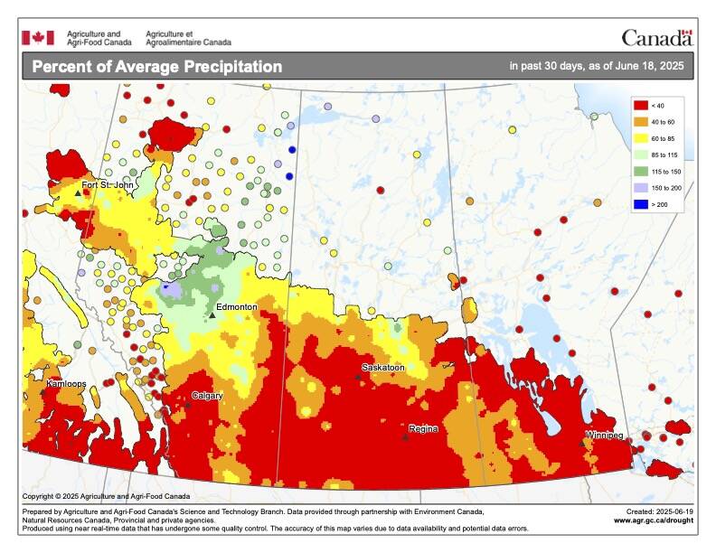 A swath of southwestern Manitoba has climbed close to normal rainfall for the season, but much of the province remained under 85 per cent of normal for the growing season as of June 22. Much of the northwest, Interlake and east remained under 60 per cent of normal. Graphic: Agriculture and Agri-Food Canada