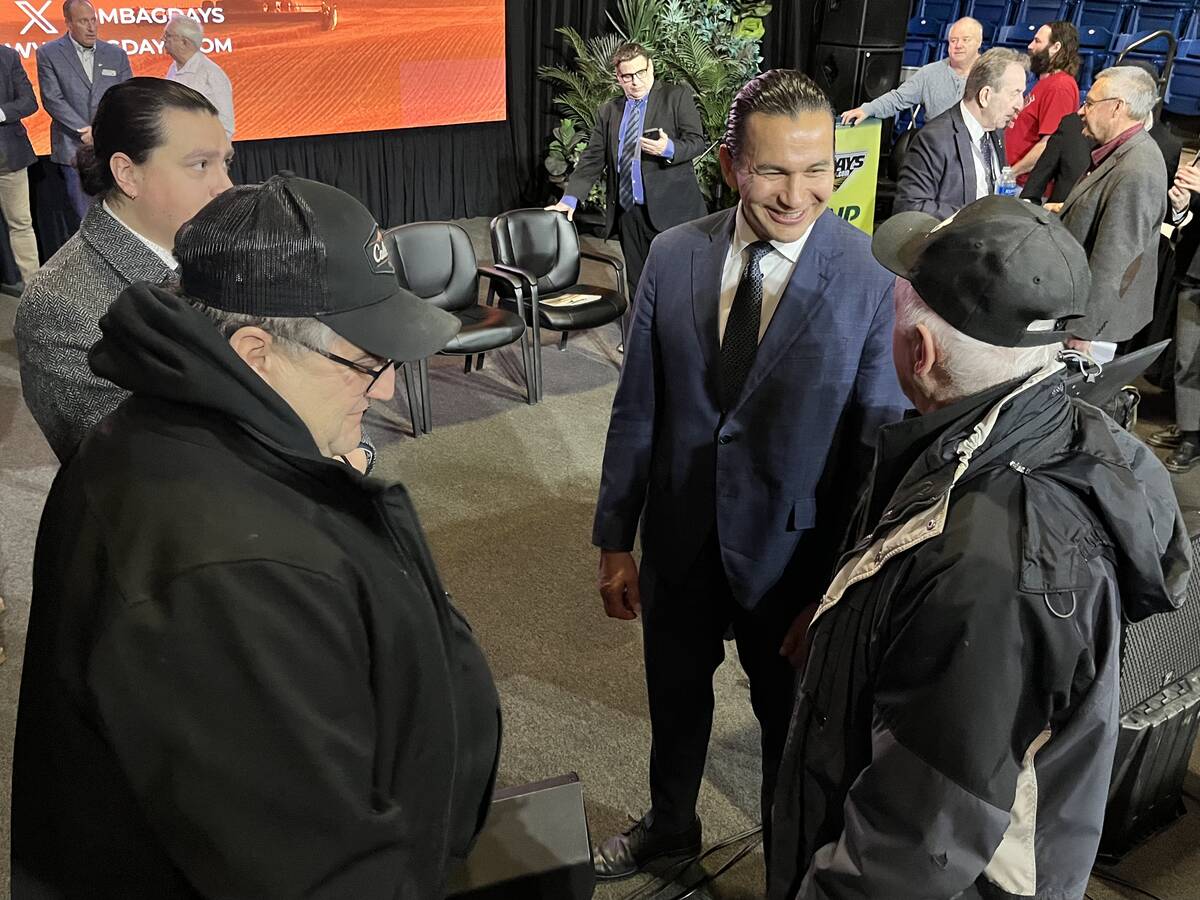 Manitoba Premier Wab Kinew speaks to farm show attendees after his Manitoba Ag Days address on Jan. 21, 2025. Trade concerns were at an all-time high with Kinew’s address coming one day after the inauguration of U.S. President Donald Trump. Photo: File