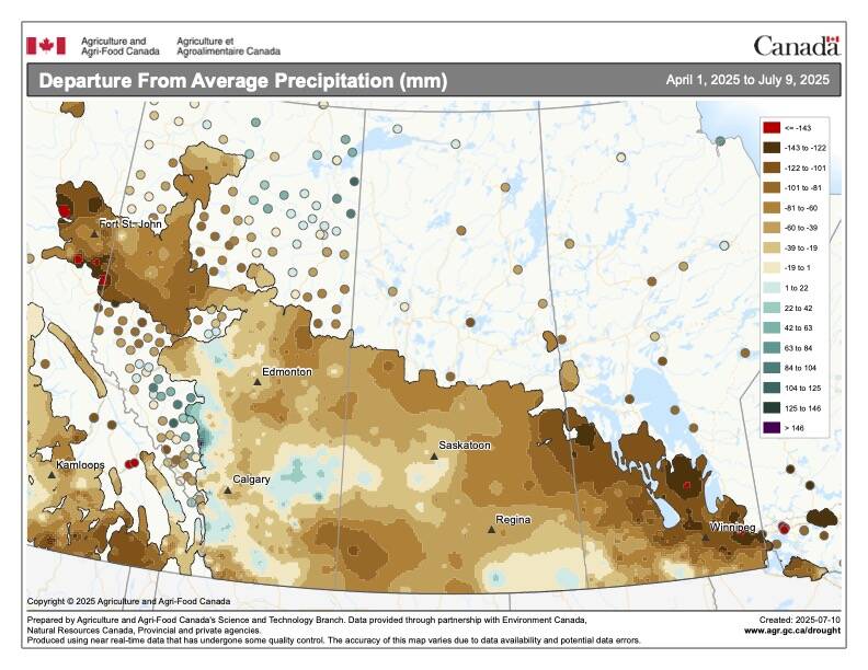 This issue’s map shows the total amount of precipitation that fell across the Prairies so far this growing season as a departure from average. Looking at the map you can quickly see that most of the Prairies have seen below average amounts of precipitation with Manitoba and northwestern Alberta seeing the driest conditions.