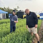 Kaiden Bursaw and Kyle Slobodian of BrettYoung examine the forage plots at Ag in Motion 2025 near Langham, Sask. (Photo: Piper Whelan)