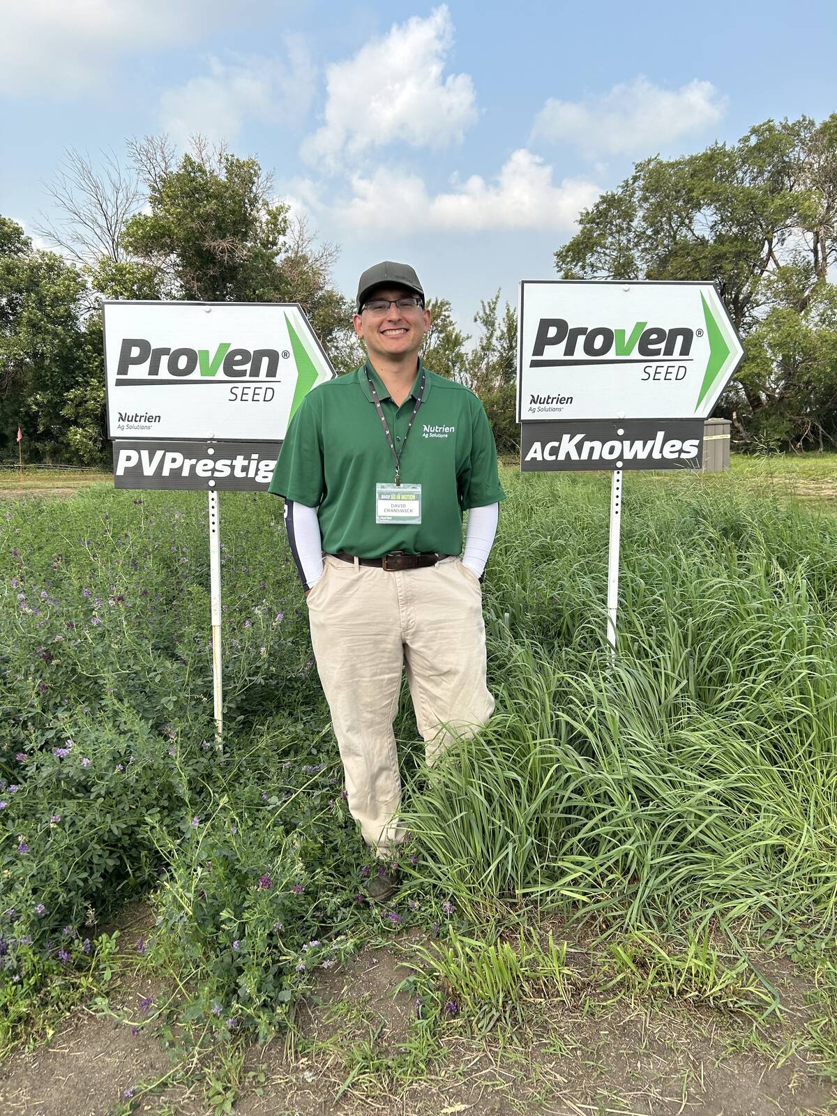 David Cranswick of Proven Seed poses at the Proven forage test plots at Ag in Motion 2025 near Langham, Sask. Photo: Piper Whelan