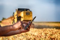 A farmer holds a cell phone with a combine harvesting crop in the background.