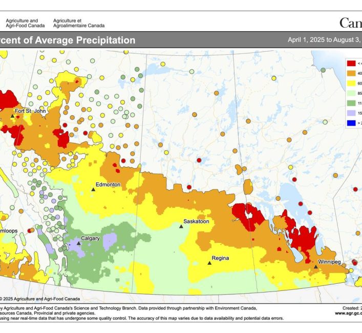 Rainfall on the Prairies in 2025 has created a diagonal line through the region since April 1, with parts of Manitoba's Parkland and Interlake falling on the lowest end of the spectrum, seeing less than 40 per cent of their normal rain. Graphic: Agriculture and Agri-Food Canada