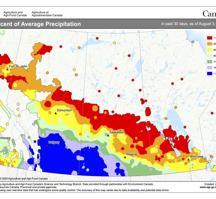 July brought significant rain to some parts of the Prairies, but already dry areas in Manitoba's Parkland and Interlake saw little relief. Graphic: Agriculture and Agri-Food Canada