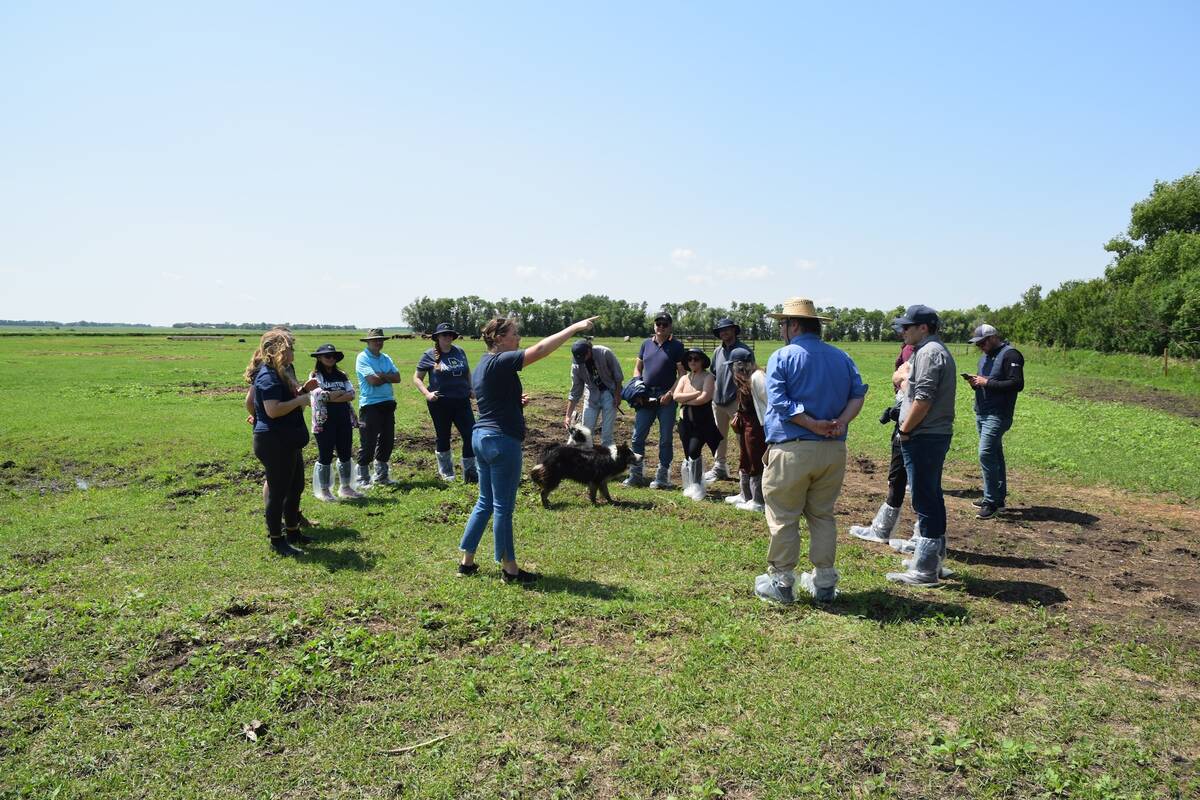 Jackie Dudgeon-MacDonald (centre) points out aspects of her farm operations during the Manitoba Canola Growers Association Research Camp in late June 2025. Photo: Jay Whetter