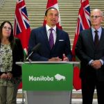 Left to right: Keystone Agricultural Producers president Jill Verwey, Manitoba Premier Wab Kinew and Manitoba Canola Growers chair Warren Ellis address announced Chinese tariffs against Canadian canola at a press conference Aug. 13, 2025 in Winnipeg. Photo: Screen capture/Government of Manitoba