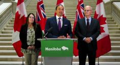 Left to right: Keystone Agricultural Producers president Jill Verwey, Manitoba Premier Wab Kinew and Manitoba Canola Growers chair Warren Ellis address announced Chinese tariffs against Canadian canola at a press conference Aug. 13, 2025 in Winnipeg. Photo: Screen capture/Government of Manitoba